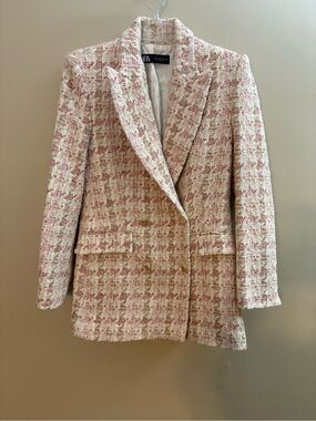Zara Pink and Cream Tweed Blazer Jacket